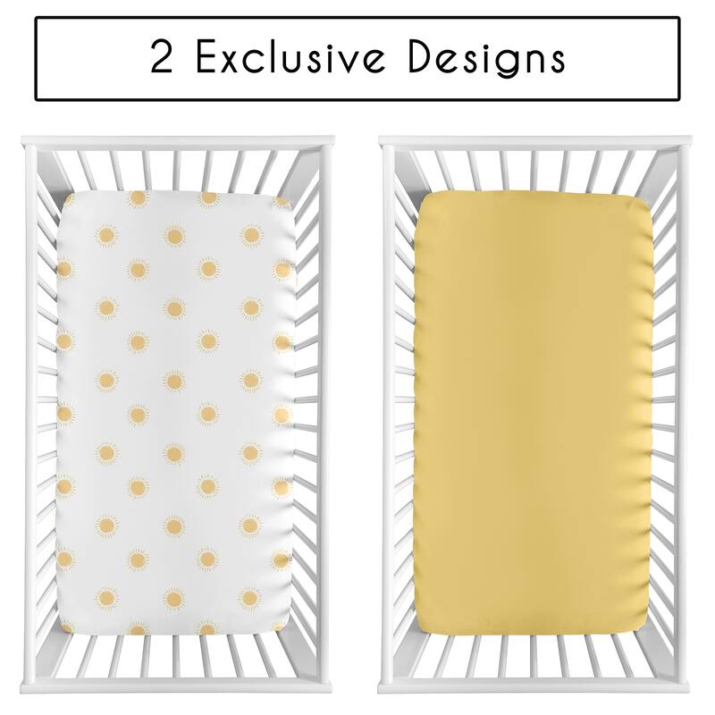 Sweet Jojo Designs White and Yellow Boho Sun Boy, Girl Unisex/Gender Neutral 2 Pack Fitted Crib Sheets -Solid Mustard, Celestial