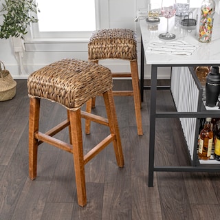 Swayze Rustic Bohemian Hyacinth/Wood Backless Bar Stool, by JONATHAN Y