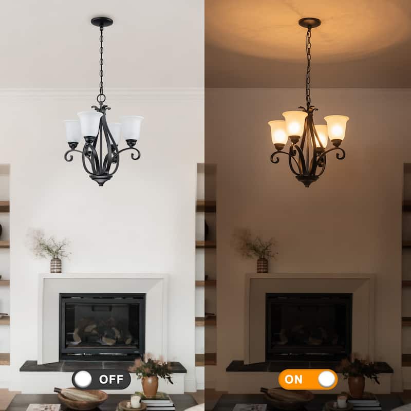 Matte Black 4-Light Candelabra Chandelier with Bell Glass Shades - Dia.8.39-in