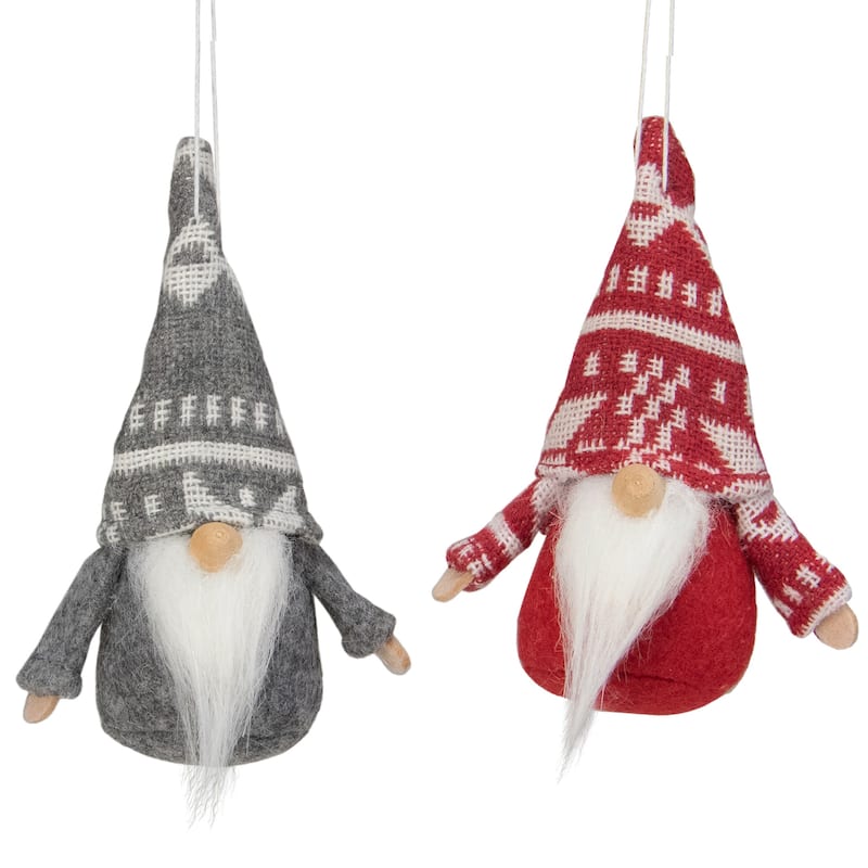 Santa Gnome Hanging Christmas Ornaments - 4" - Gray and Red - Set of 2