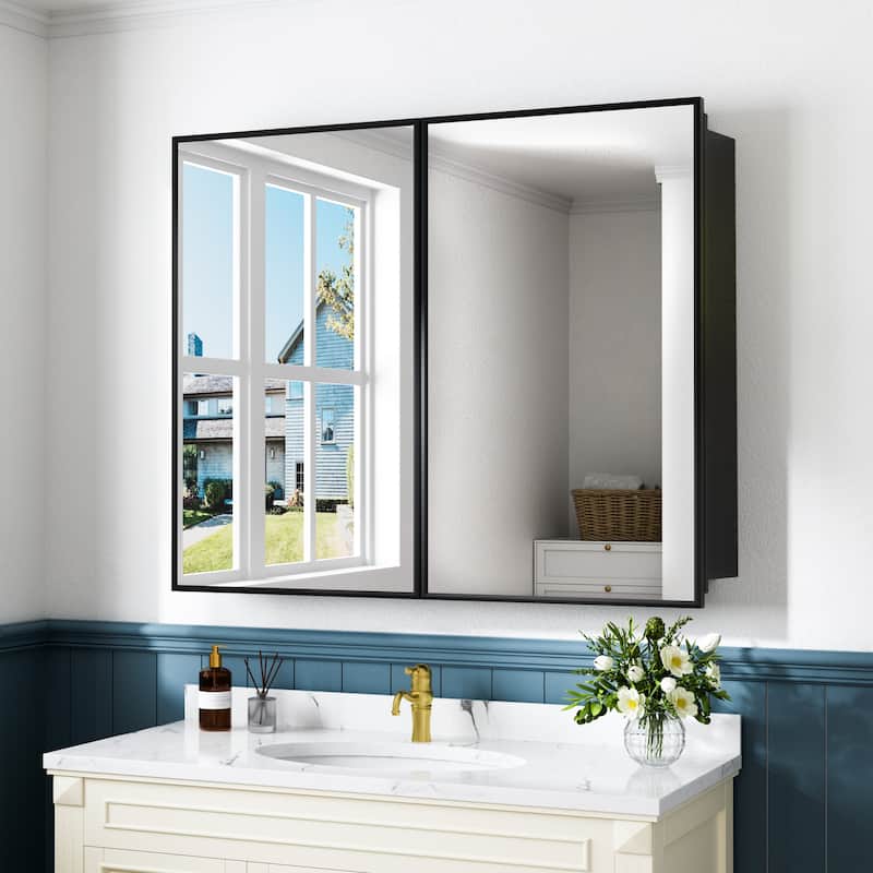 Elise Iron Medicine Cabinet with Mirror, Adjustable Shelves, Recessed or Wall Mount - 36 in. W x 30 in. H - Black