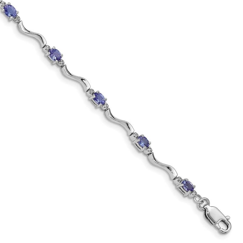 Curata 925 Sterling Silver Polished Lobster Claw Closure Rhodium Plated Diamond and Tanzanite Bracelet