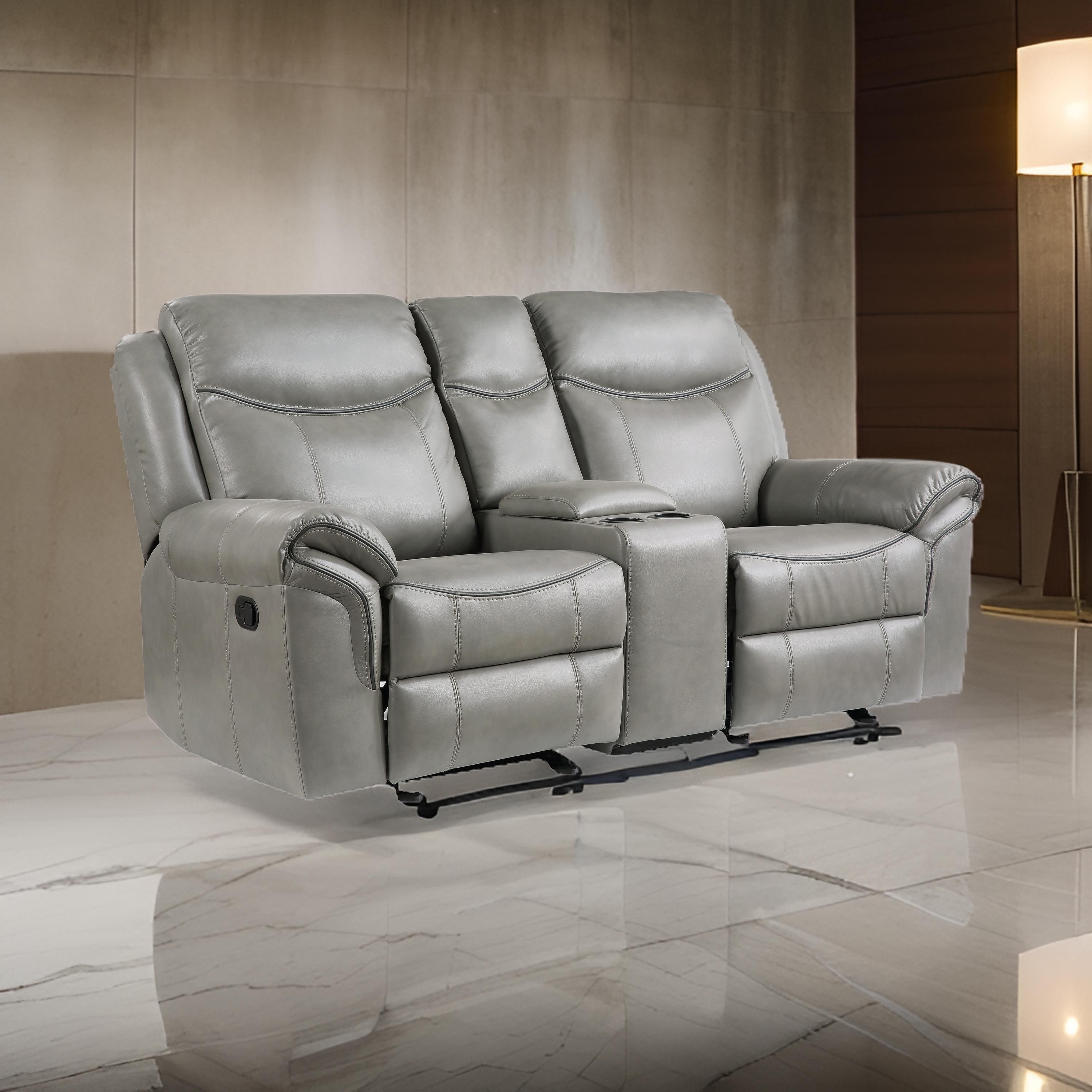 Benjara Max 80 Inch Dual Manual Recliner Loveseat, Cupholders, Gray Faux Leather