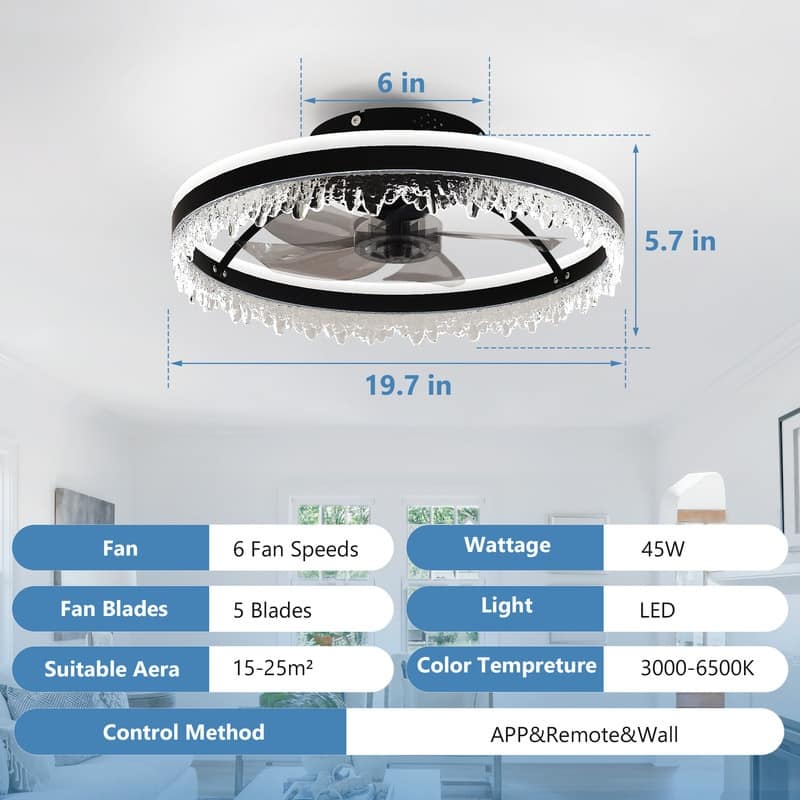 16" Black Modern LED Ceiling Fan Light with Remote & Crystal Design