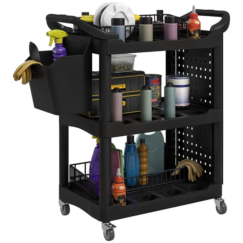 Adjustable Workshop Stool with Lumbar Support, Locking Wheels and Metal Tray and Bottle Holders - Black