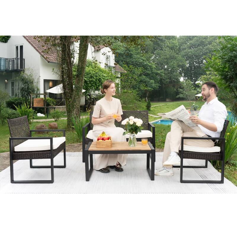 4-Piece Outdoor Patio Set with Double and Single Chairs, Acacia Wood Table, Durable PE Rattan Frame, Waterproof Cushions