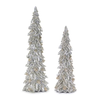 Resin Holly Tree Set of 2 for Holiday Decor Silver Gold Glitter - 5” x 4” x 14.75”