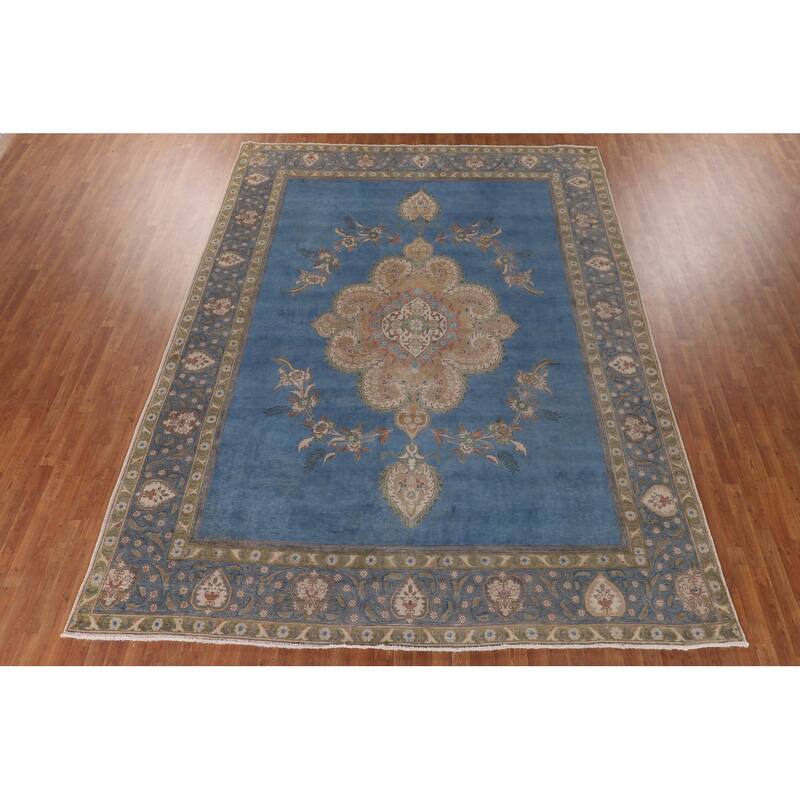 Over-Dyed Blue Tabriz Persian Vintage Rug Handmade Wool Carpet - 9'10"x 13'0"