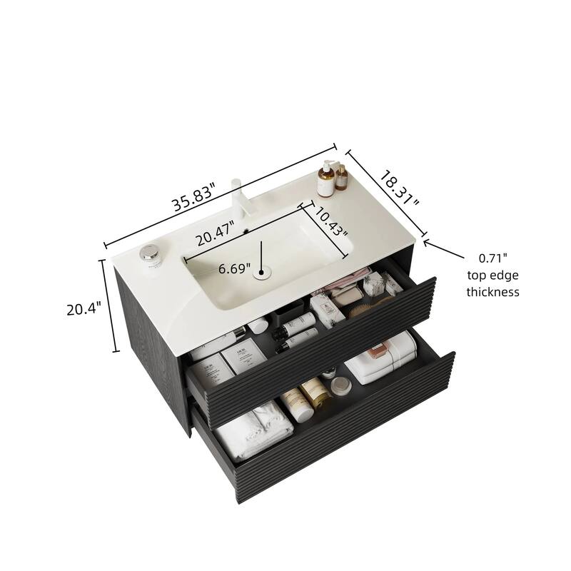 36" Floating Bathroom Vanity, White Ceramic Basin, Wall-Mounted Plywood Cabinet with 2 Soft-Close Drawers and Drain