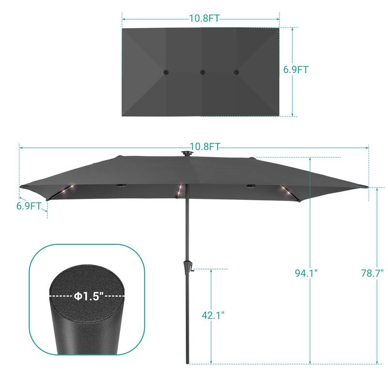 BONOSUKI 11x7/10x6.5ft Solar LED Double-Sided Patio Umbrella with Large Canopy Outdoor Table Umbrella