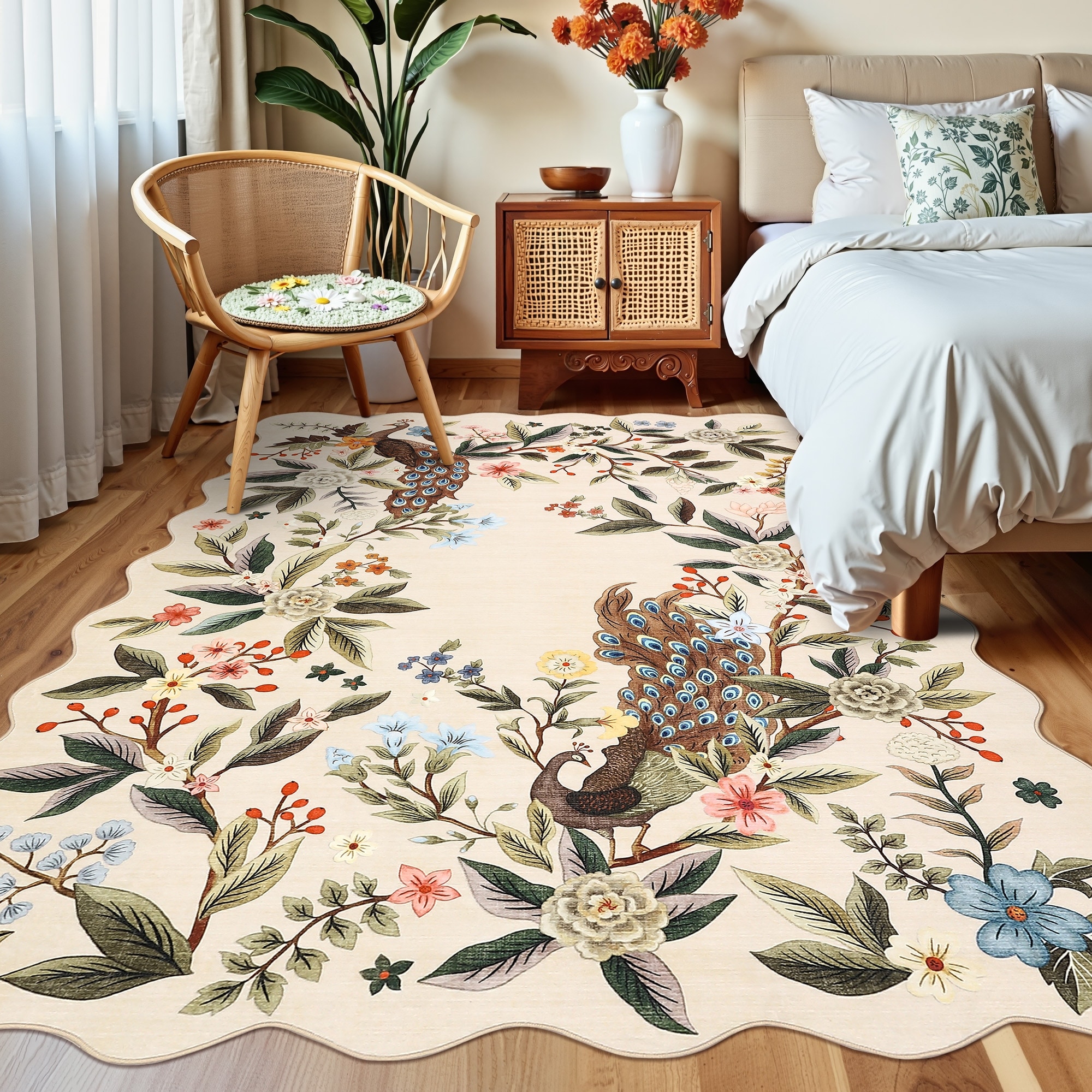 Garvee Scalloped Peacock Floral Area Rug