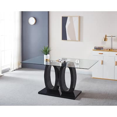 Contemporary Tempered Glass Top Double Pedestal Dining Table, size 63" x 35.4" x 29.5" (Black or White)