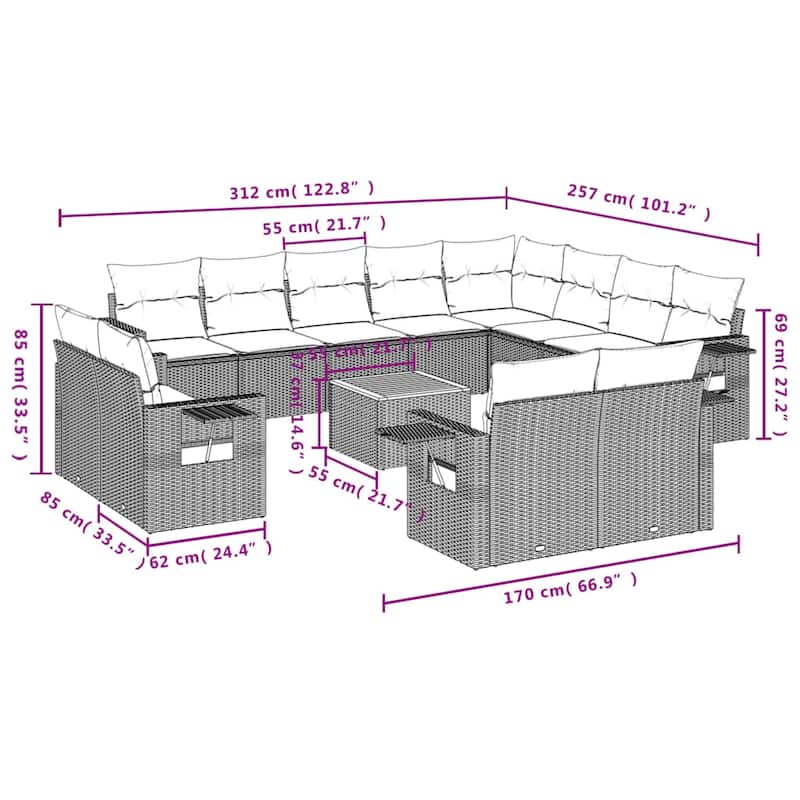 vidaXL Garden Sofa Set Black and Cream White PE Rattan Large Modular - 24.4 x 25.8 x 27.2