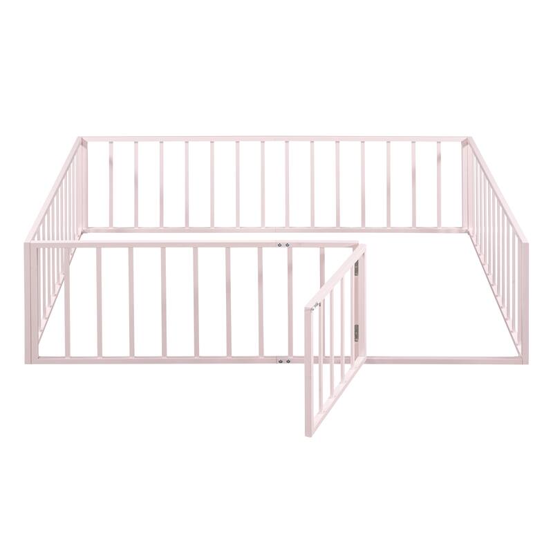Metal Floor Bed Frame with Fence and Door for Kids' Bedroom