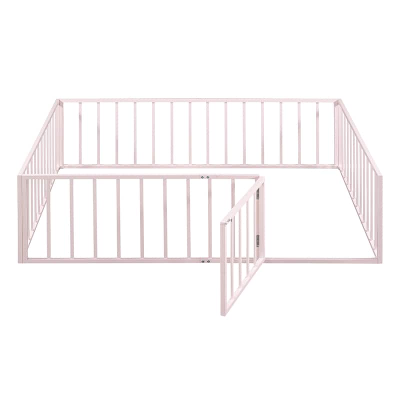 Pink Full Size Metal Floor Bed Frame with Fence and Door for Kids