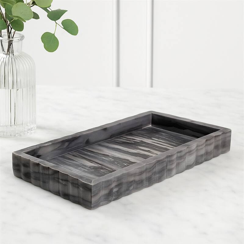 Myla Decorative Marble Tray, Subtle Gray Scalloped Edges, 14 Inch