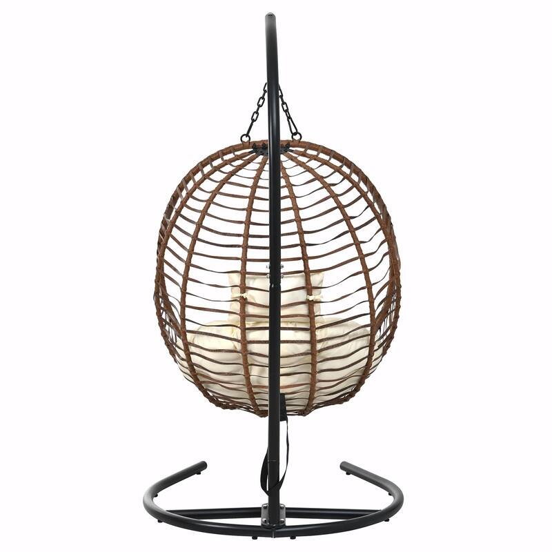 Single Person Folding Egg Chair with Stand, Indoor Outdoor Hanging Wicker Swing Chair with Adjustable Feet