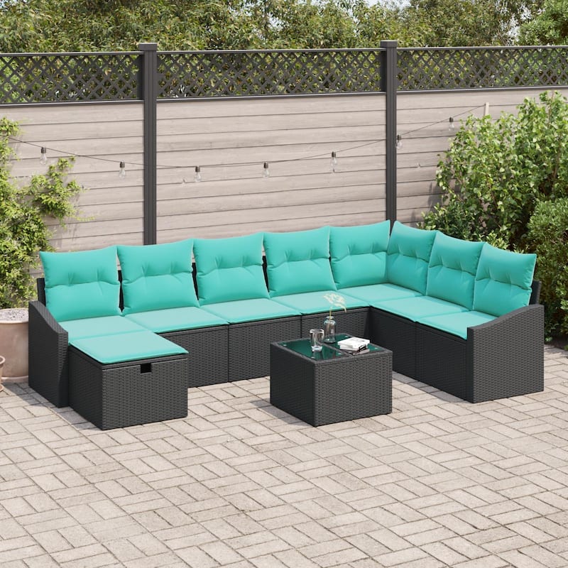 vidaXL 8/9 Garden Sofa Set with Cushions Black/Brown/Grey Poly Rattan - 113.6 x 70.3 x 27.2 - Black/Blue with table