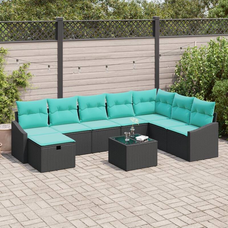 vidaXL 8/9 Piece Garden Sofa Set with Cushions Black Poly Rattan - 113.6×70.3×27.2 - Black/ Blue-with table