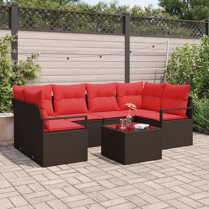 vidaXL 7 Garden Sofa Set with Cushions Black/Brown/Grey Poly Rattan - 92.1 x 48 x 27.2 - Brown