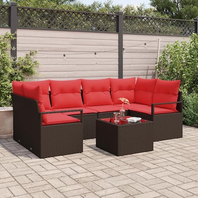 vidaXL 7 Garden Sofa Set with Cushions Black/Brown/Grey Poly Rattan - 92.1 x 48 x 27.2