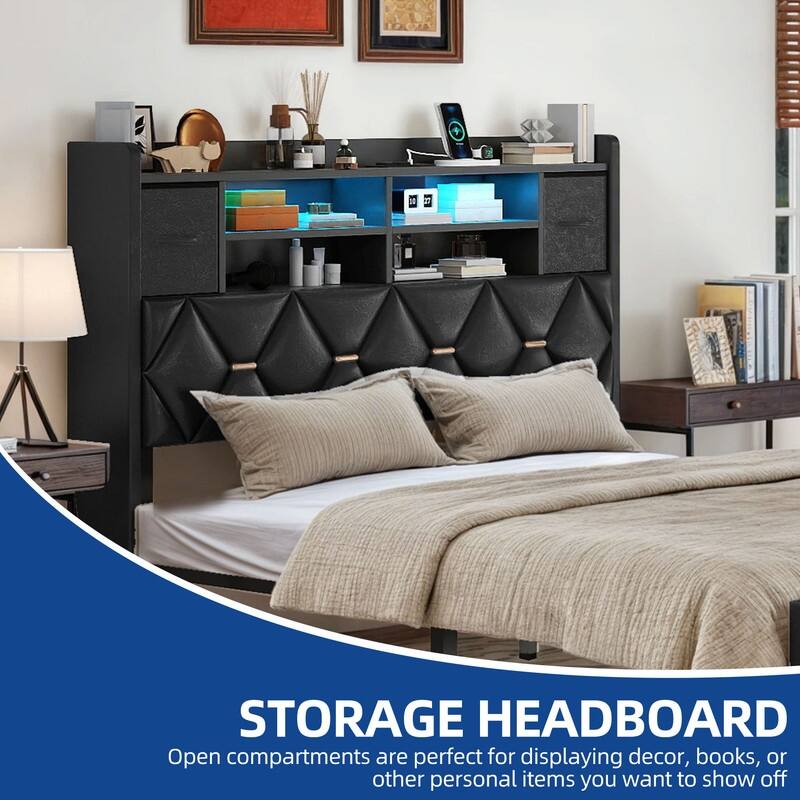 Moasis Upholstered Bed Frame with Storage Headboard And Charging Station and LED Light