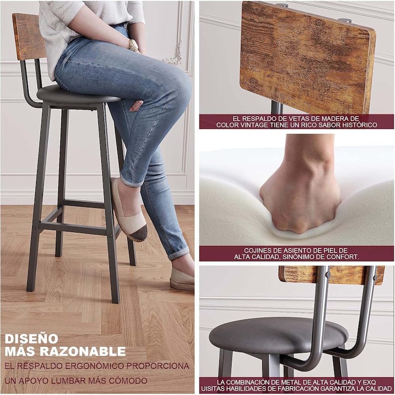 Black-Brown PU Leather Metal Bar Stool Set of 2 with Curved Back and Footrest - 11"D x 11"W x 37.8"H