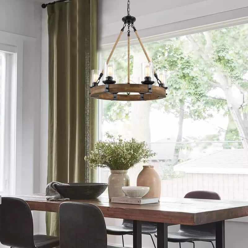 Farmhouse 6-Light Wagon Wheel Wood Chandelier for Dining Room - D25"x H 28"