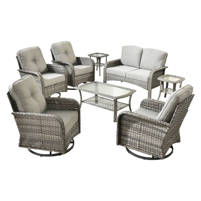 HOOOWOOO 8-piece Wicker Rattan Outdoor Furniture Patio Swivel Chair Set