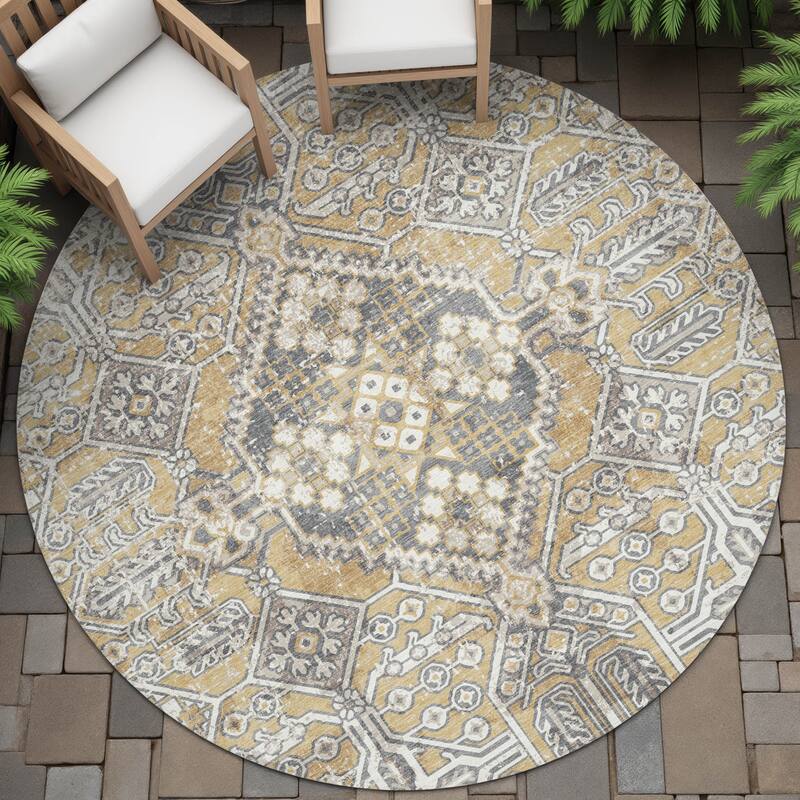Machine Washable Indoor/Outdoor Traditional Eclectic Chantille Rug - Gold - 8' x 8'