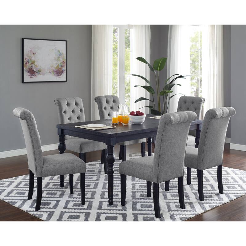Retro Rectangular Dining Table with Wooden Legs, Black Gray Upholstered Back Chairs, Home Office Table and Chair Set - Black Gray