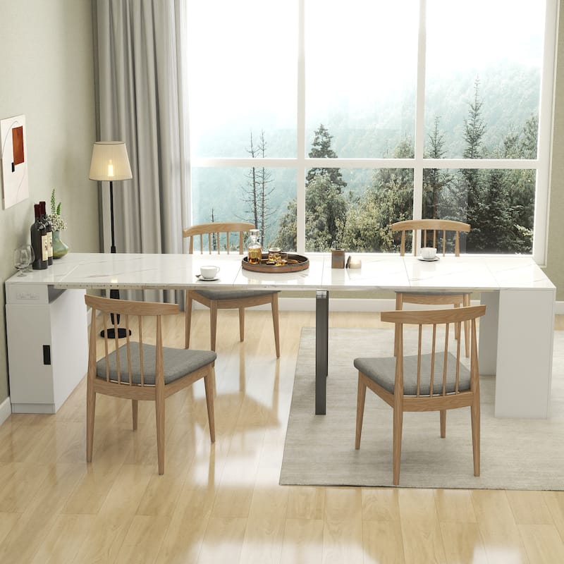 Modern Extendable Dining Table with Outlet, Expanding Table with Storage - White