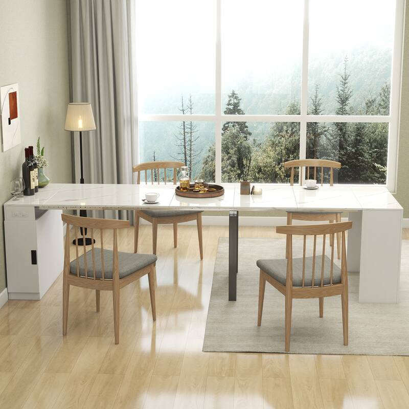 Modern Multifunctional Extendable Dining Table With Outlet,Space Saving Expanding Table With Storage