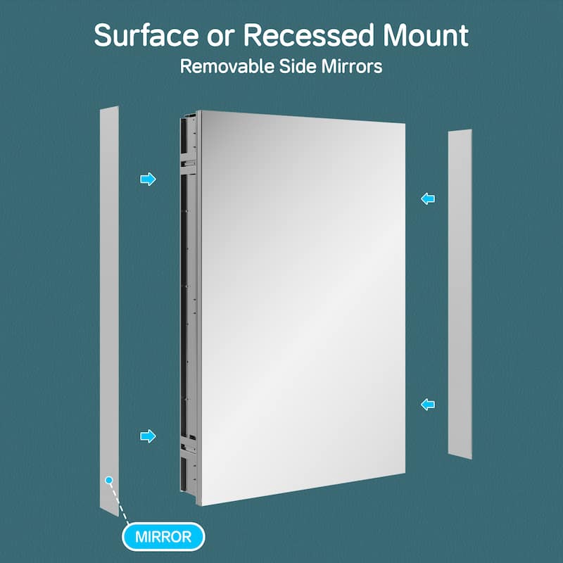 24x36" Tri-View Mirrored Medicine Cabinet, Soft-Close Blum Hinges, Reversible Bi-View Door, Recess/Surface Mount, Aluminum Body