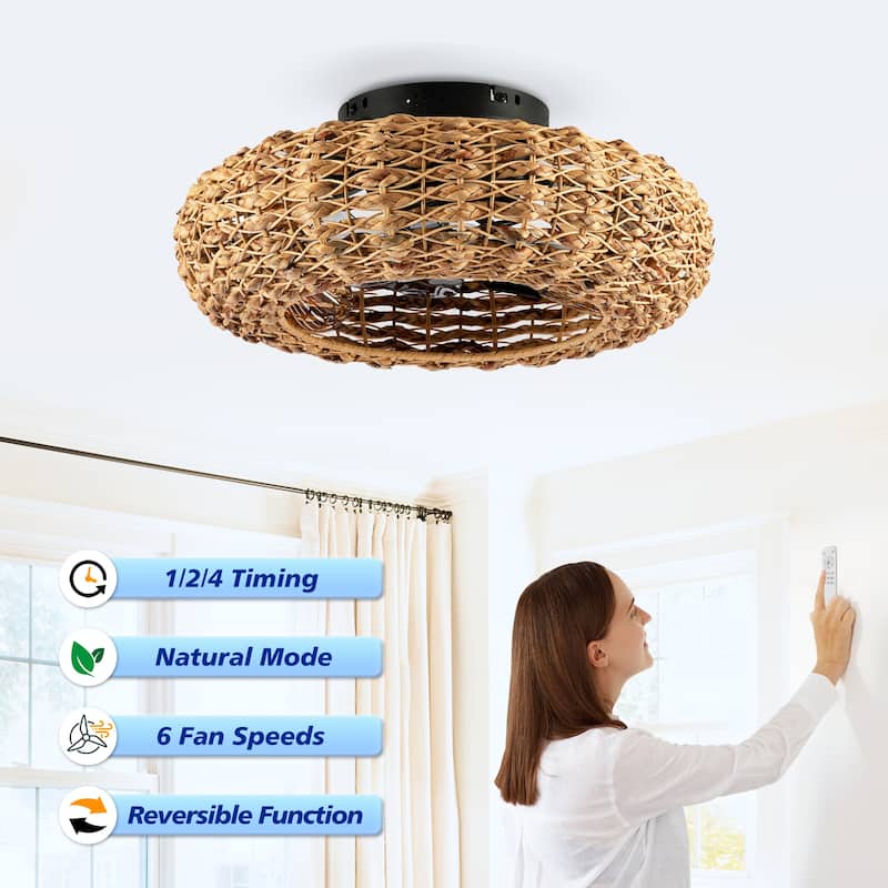 19.6" Bamboo Ceiling Fan With Remote Control ,6 Speed, DC Motor Reversible Ceiling Fan For Living Room