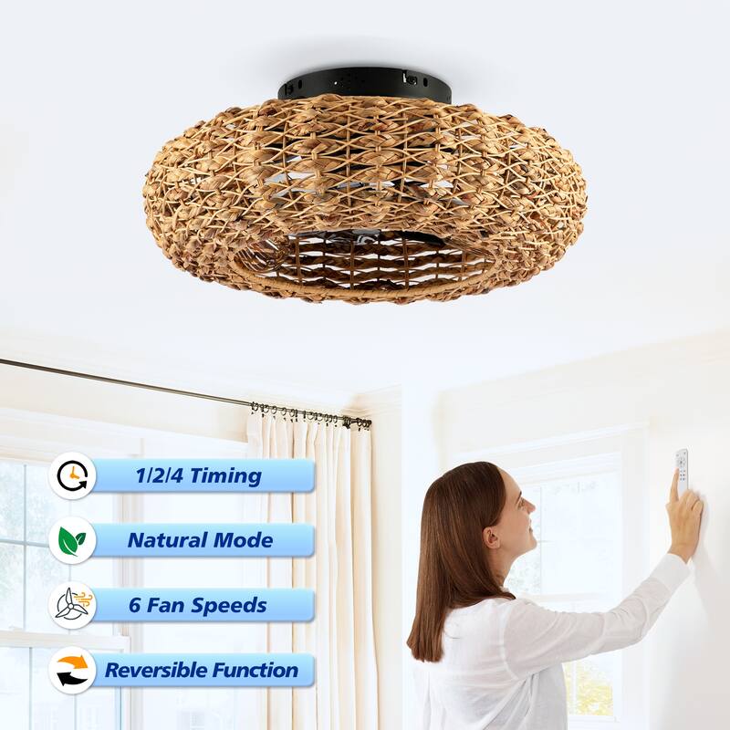 20 inch Flush Mount Ceiling Fan Light with Remote Caged Farmhouse Fandelier Black Wood Low Profile