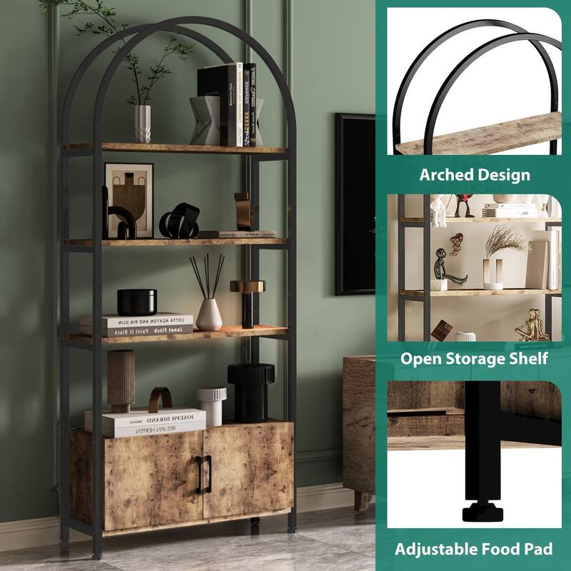71.5 Inch Open Bookshelf with 2 Doors and 4 Shelves, Tall Standing Bookshelves Metal Frame Storage
