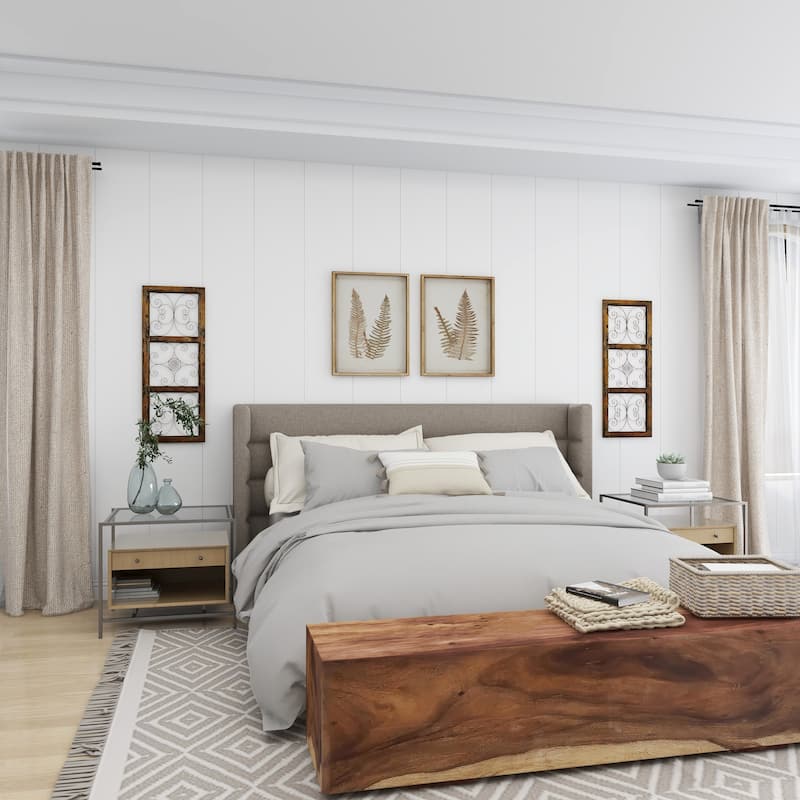 Brown Wood Distressed Panel Scroll Home Wall Decor with Bronze Metal Scrollwork