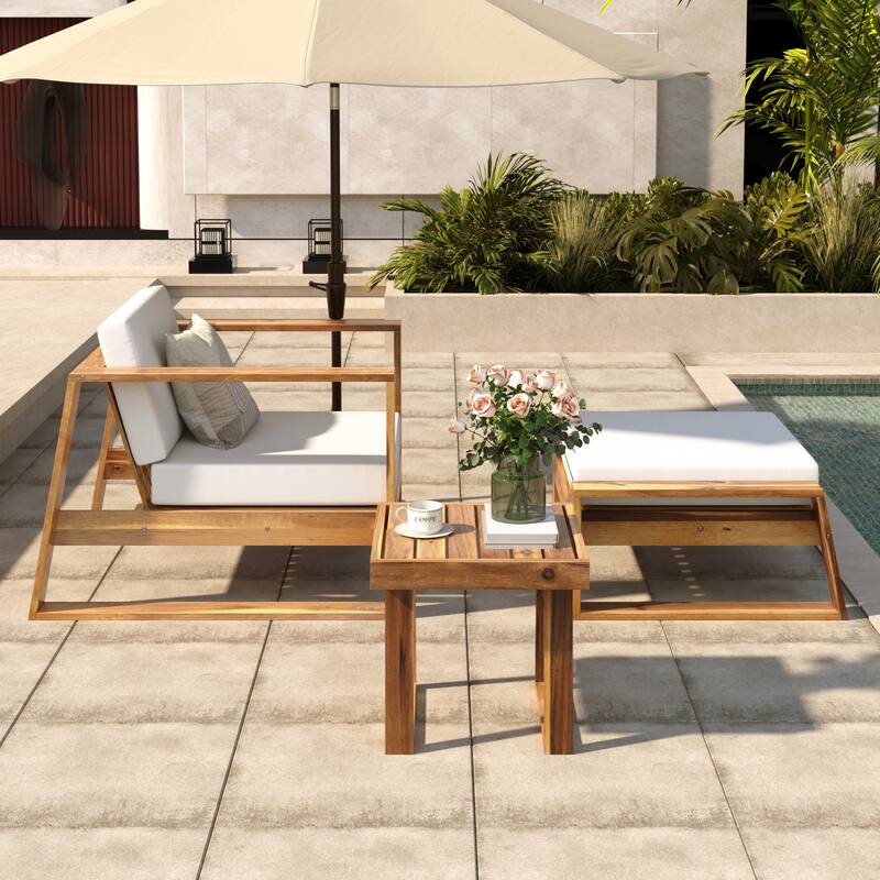 Outdoor Wood Lounge Set with Table and Ottoman for Patios (Set of 3)
