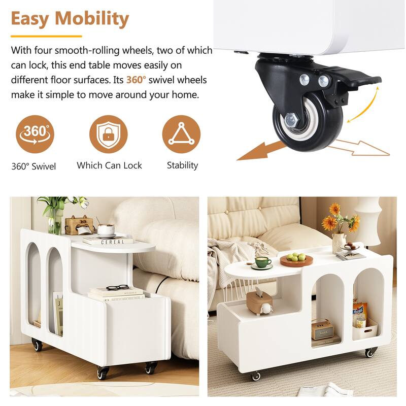 Mobile End Table with lockable wheels, Side Table with Storage Drawer, 11.8inch Narrow Nightstand with Multi-layer Storage