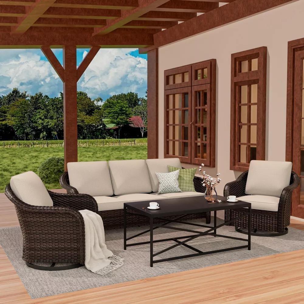 COZYWOR Outdoor Patio Set: 3-Seat Sofa, 2 Swivel Rocking Chairs & Coffee Table for All-Weather Comfort