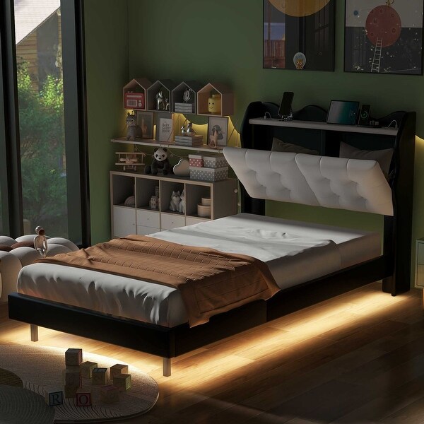 Black Twin Platform Bed with Upholstered Headboard and USB Charging Storage Single Bed LED Light Bed Frame for Night s Sleep