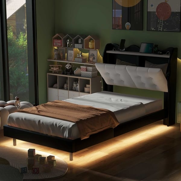 slide 2 of 68, Twin Size Platform Bed with Storage Headboard, LED Light Strips, and USB Ports Black - Twin