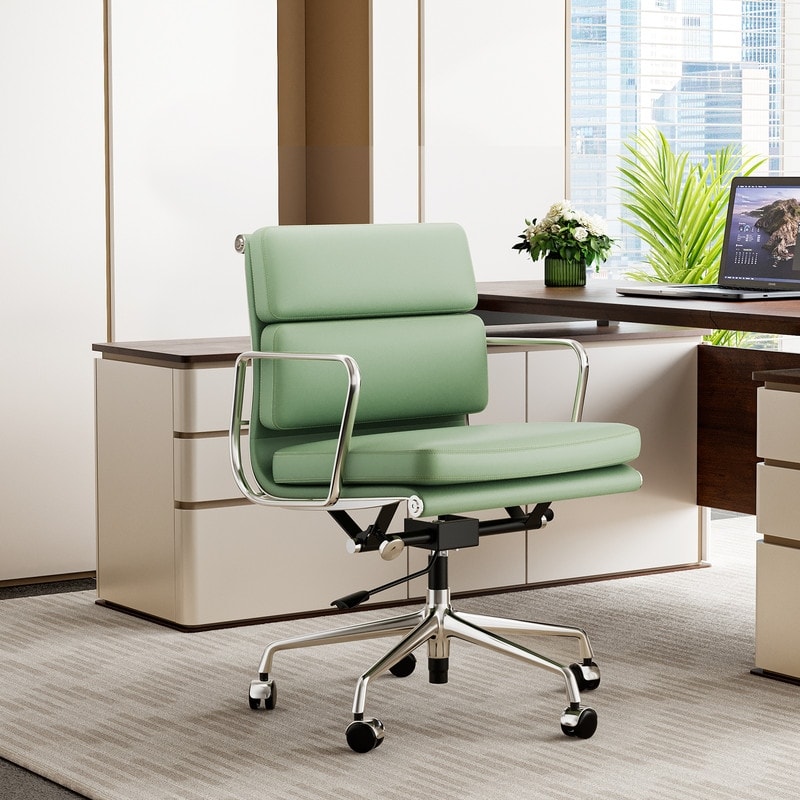 Mid-Century Ergonomic Office Chair, Genuine Leather Executive Desk Chair with Adjustable Swivel Base