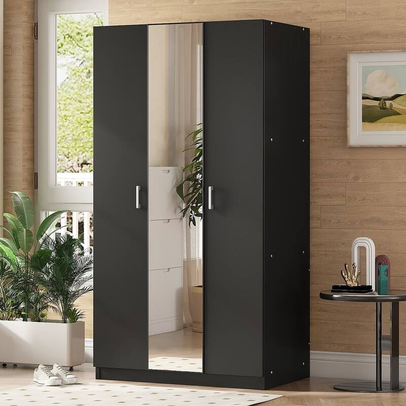 Modern 3 Door Wardrobe with Mirror, 3 Drawers, Hanging Rod - N/A - Black