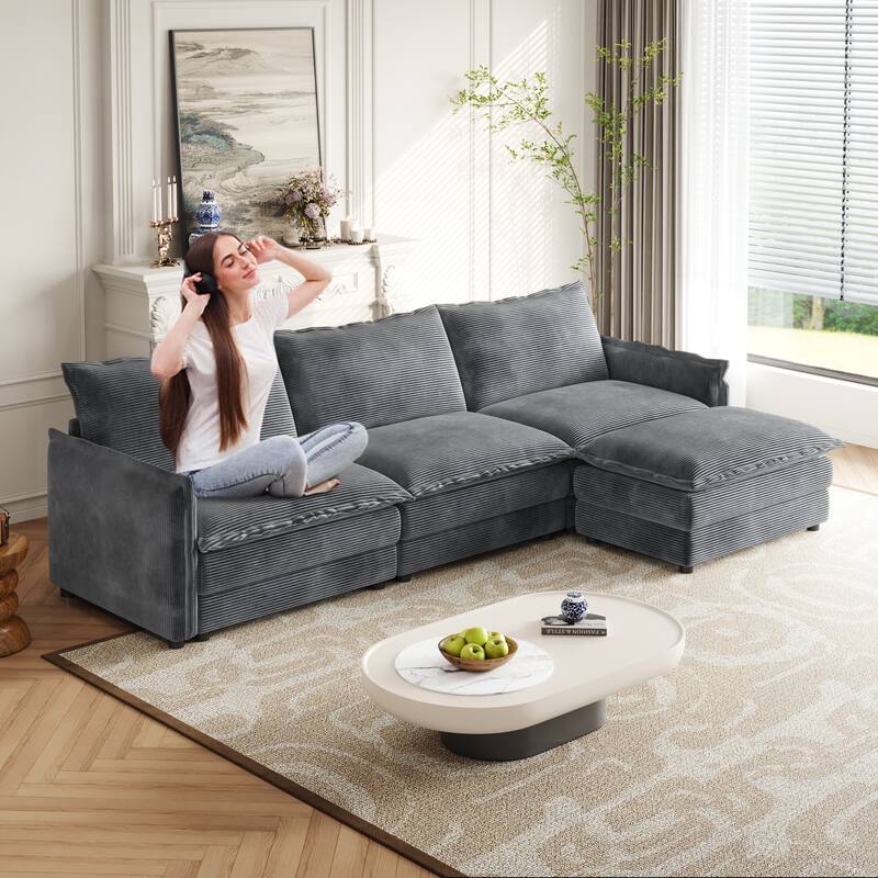 109" Corduroy 3-Seater Cloud Sectional Sofa with Movable Ottoman - Grey