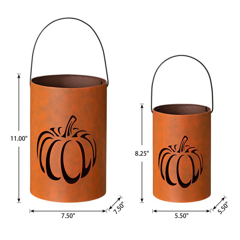 Glitzhome Set of 2 Hollow Out Metal Bucket Lanterns Candle Holder for Fall Halloween Thanksgiving