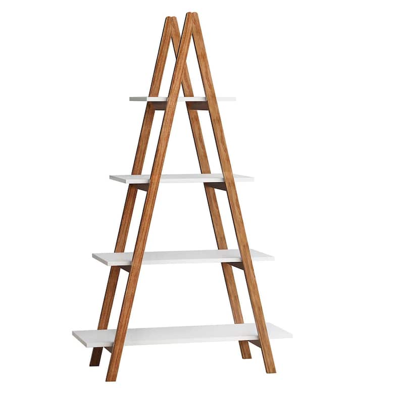 4 Tier A Frame Ladder Shelf 53.54"H white ladder shelf book display shelf with Bamboo Wood plant ladder small ladder shelf