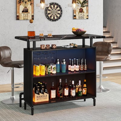 3 Tiers Modern Home Liquor Bar Unit with Faux Marble Tabletop,Stemware Holder and Footrest for Home Kitchen Pub