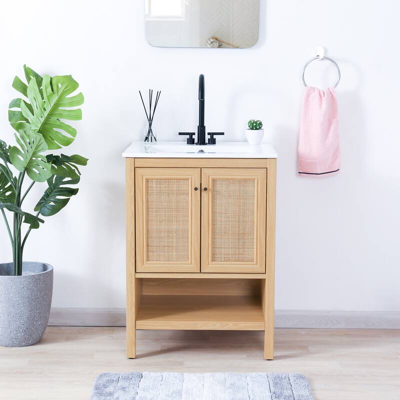 Jasper Rattan Modern Coastal 2-Shelf Bath Vanity Cabinet Only (Sink Basin Not Included), By JONATHAN Y - Oak - 24"W x 18"D x 33"H